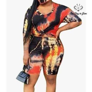 Annystore Plus Size Short Set Casual Tie Dye Bodycon Shorts Size 5XL